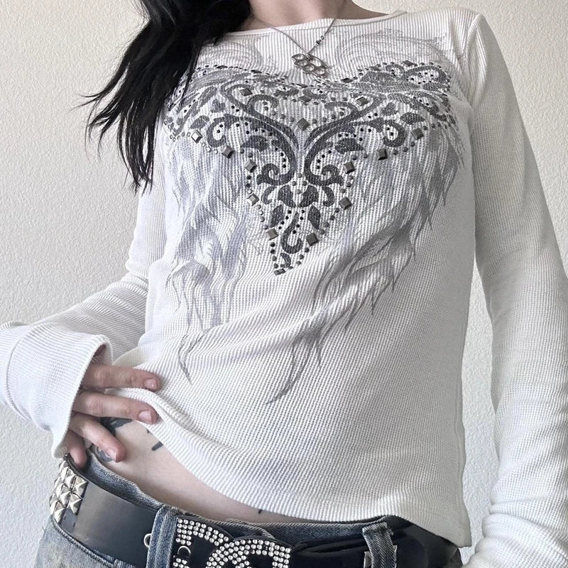 Women's Y2K Grunge Skull Graphic Thermal T-Shirt | 90s Vintage Aesthetic Long Sleeve Pullover Top