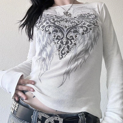 Women's Y2K Grunge Skull Graphic Thermal T-Shirt | 90s Vintage Aesthetic Long Sleeve Pullover Top