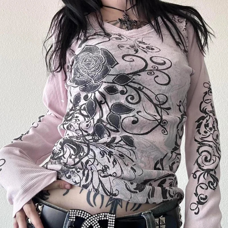 Women's Y2K Grunge Skull Graphic Thermal T-Shirt | 90s Vintage Aesthetic Long Sleeve Pullover Top