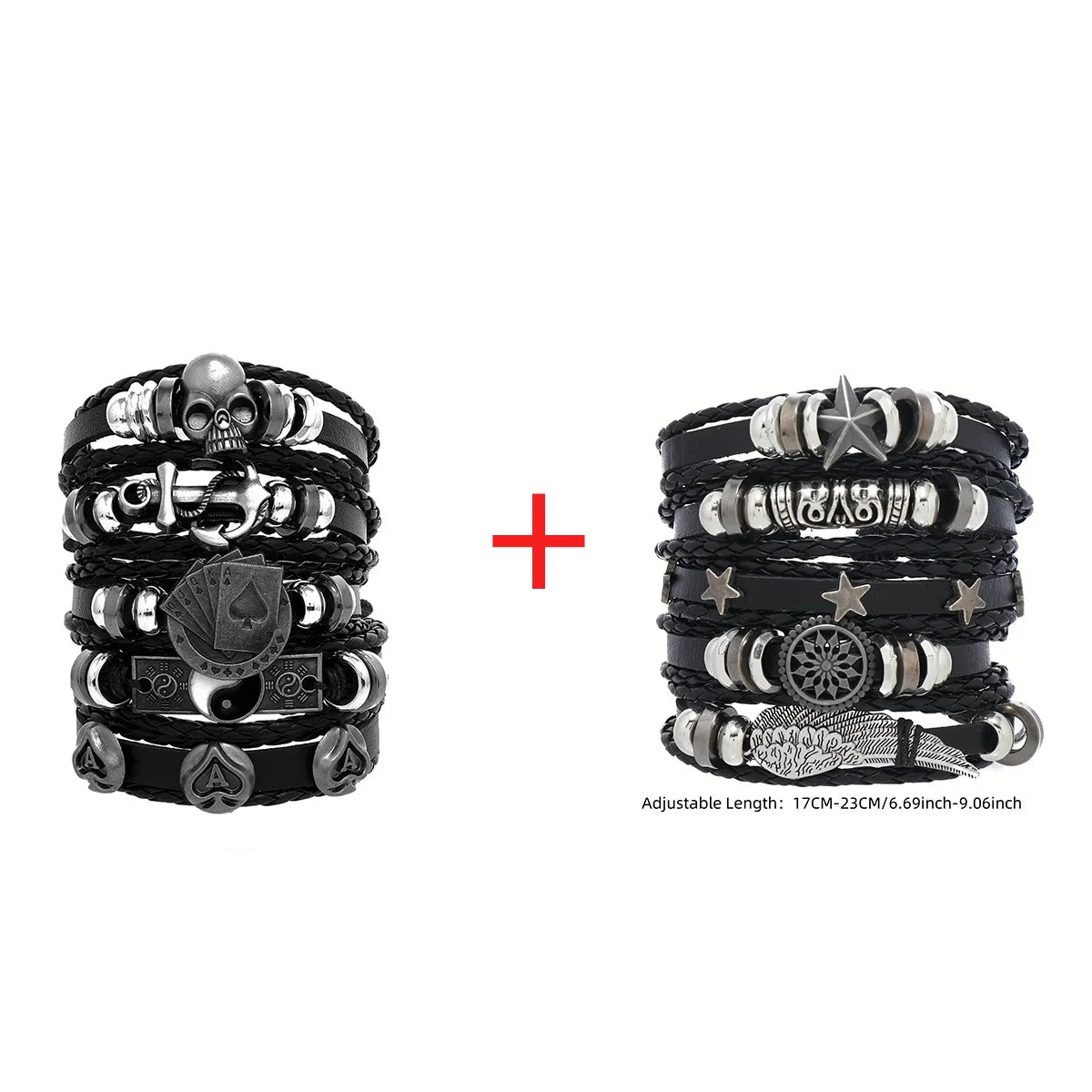 Men's Viking Leather Bracelet Woven Skull Adjustable Cuff