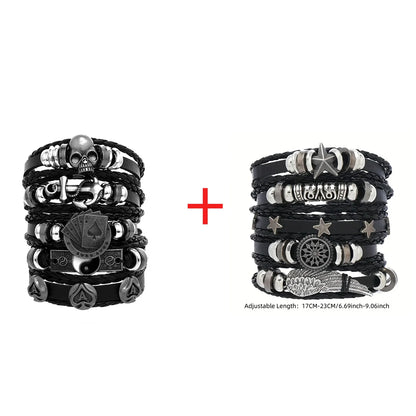 Men's Viking Leather Bracelet Woven Skull Adjustable Cuff