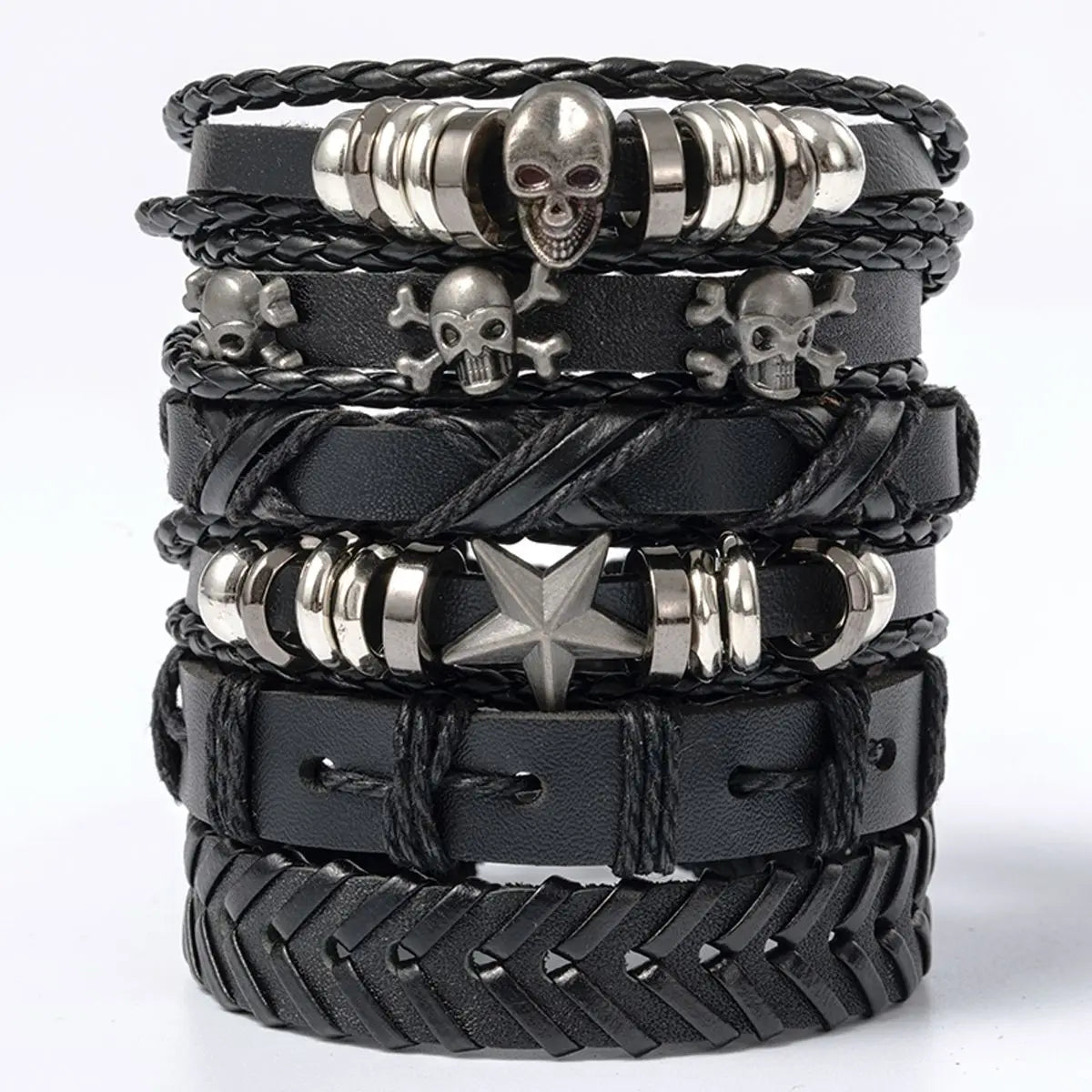 Punk Skull & Star Bracelet Set | 6pcs Unisex Alloy & PU Leather Chain Bracelets