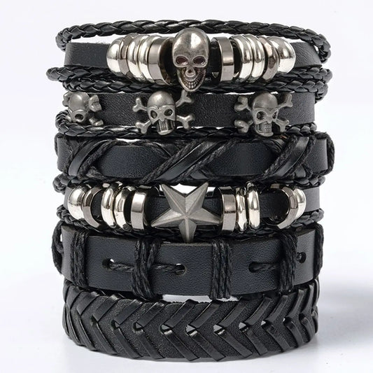 Punk Skull & Star Bracelet Set | 6pcs Unisex Alloy & PU Leather Chain Bracelets