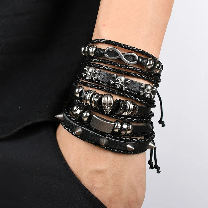 Men's Viking Leather Bracelet Woven Skull Adjustable Cuff