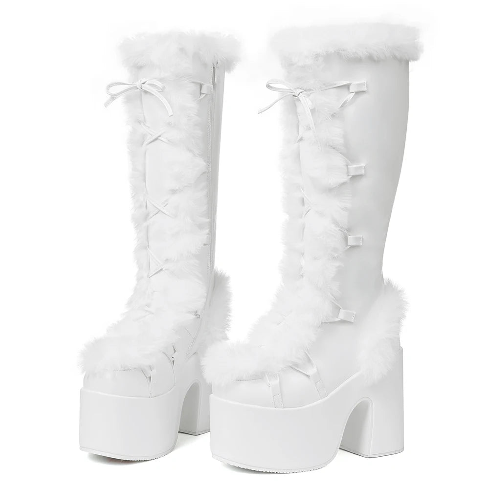 Faux Fur Trim Platform Knee High Boots for Women