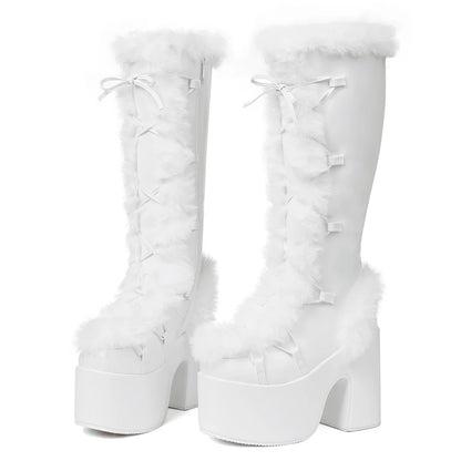 Faux Fur Trim Platform Knee High Boots for Women