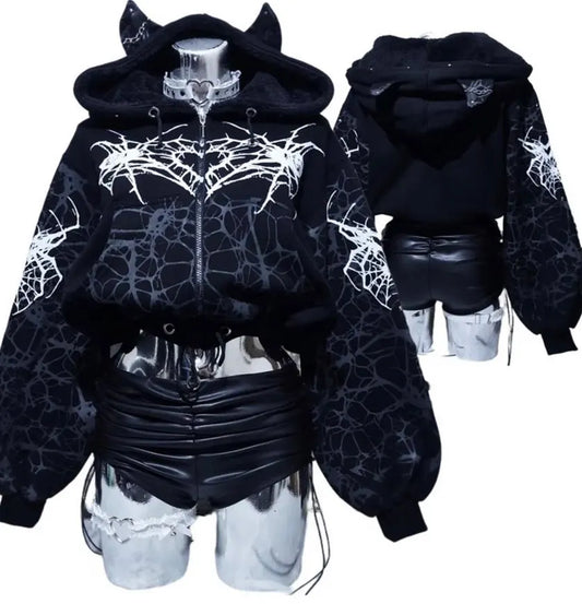 Y2K Punk Rock Zip-Up Hoodie – Harajuku Grunge Loose Fleece Sweatshirt