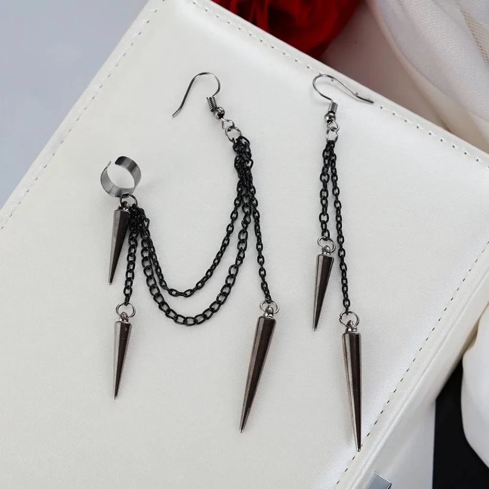 Men's Retro Punk Chain Tassel Earrings – Black Gothic Dangle Ear Cuff for Alt, Grunge & Streetwear Style