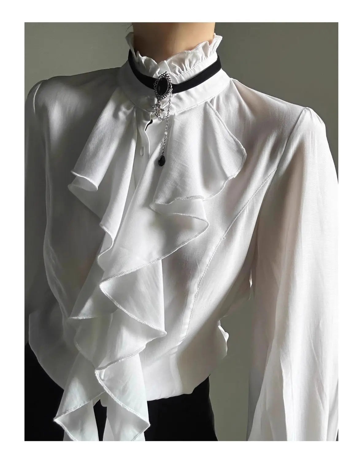 Women's Harajuku Vintage Black Bottoming Shirt | Stand Collar Ruffles Slim Japanese Victorian Long Sleeve Blouse