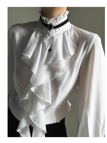 Women's Harajuku Vintage Black Bottoming Shirt | Stand Collar Ruffles Slim Japanese Victorian Long Sleeve Blouse