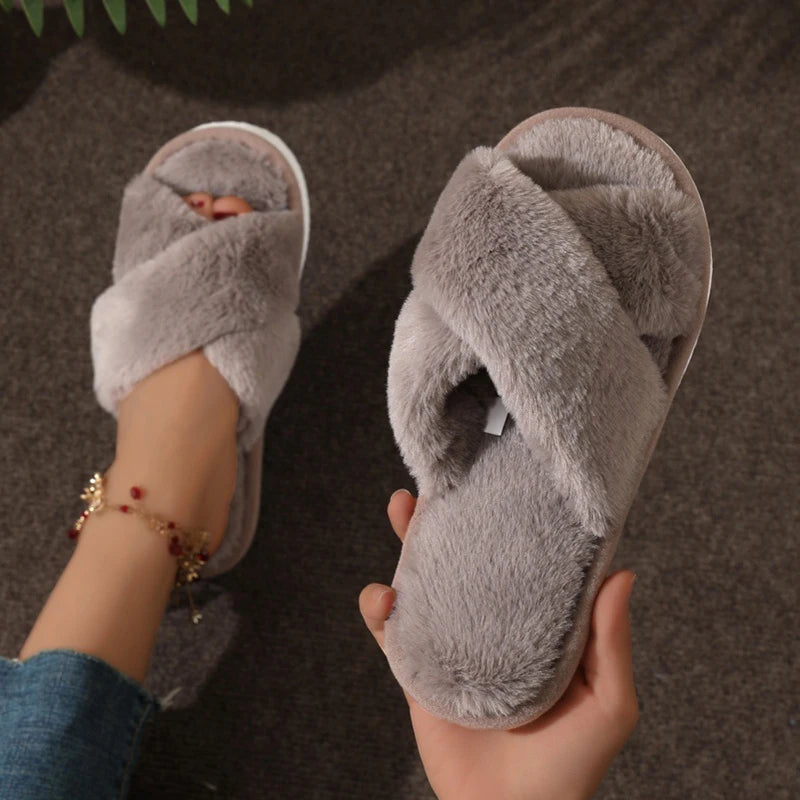 Cross Strap Fluffy Fur Slides for Women