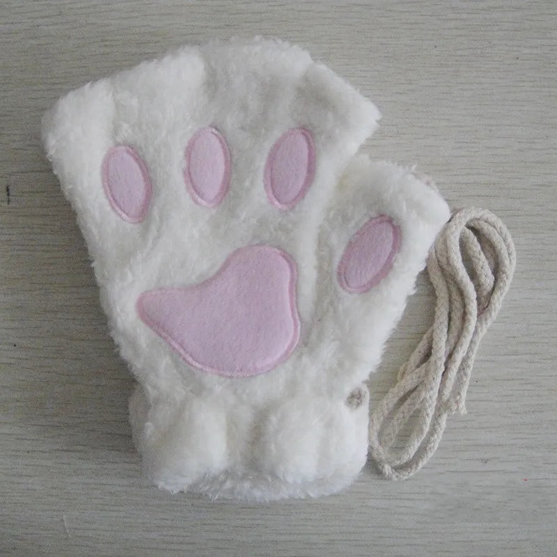 Cat Paw Plush Mittens – Cute Fingerless Fluffy Gloves for Women