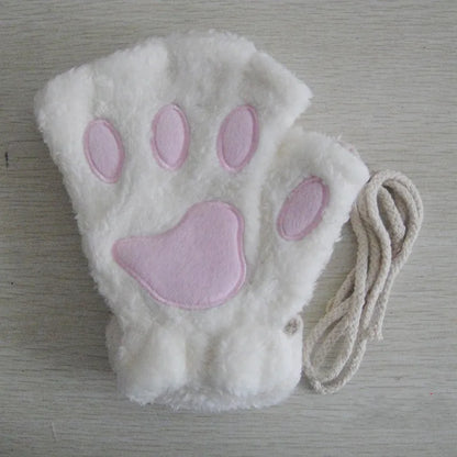 Cat Paw Plush Mittens – Cute Fingerless Fluffy Gloves for Women