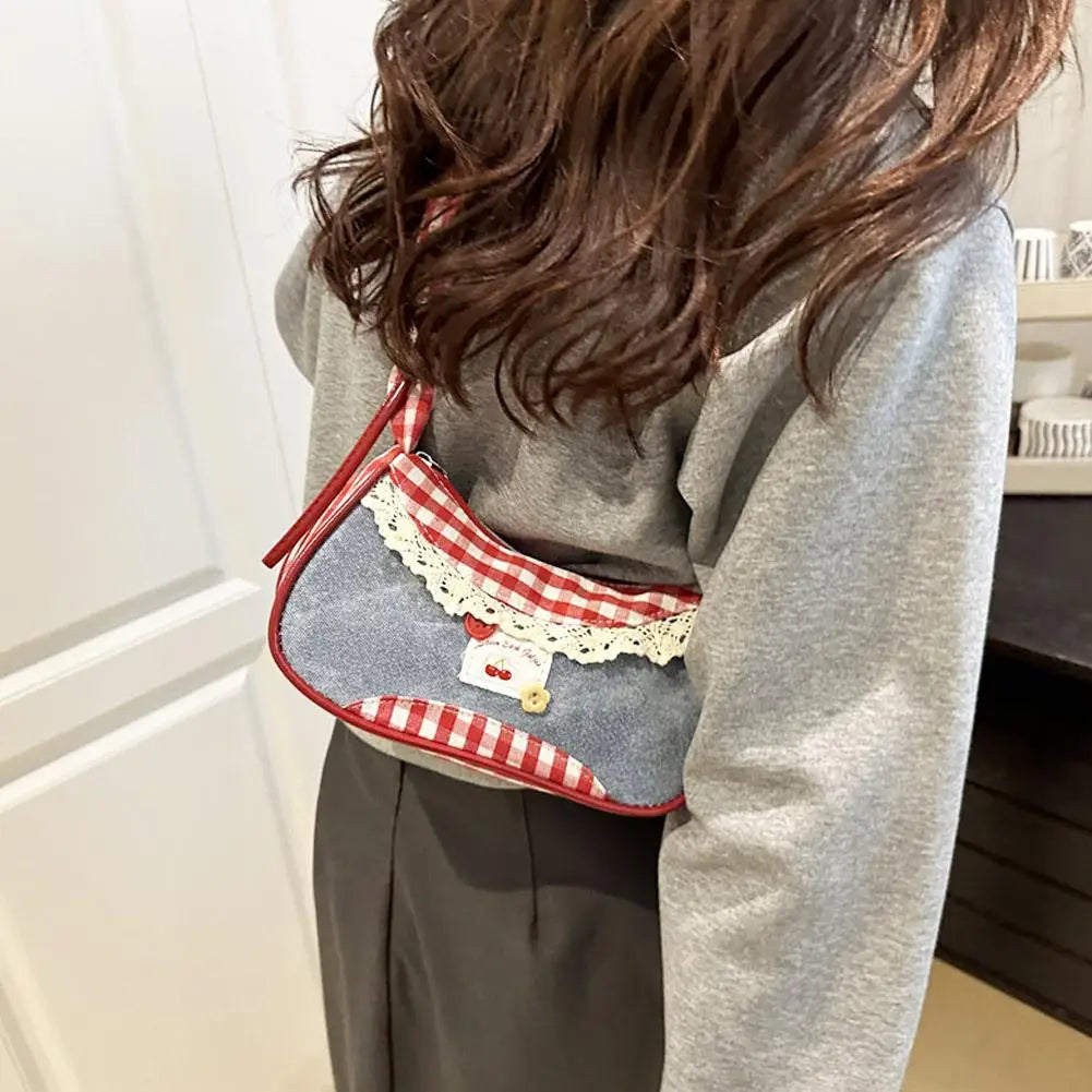 Women's Fashion Grid Shoulder Bag | Lace Ribbon Strap Underarm Handbag for Daily Commuting & Students