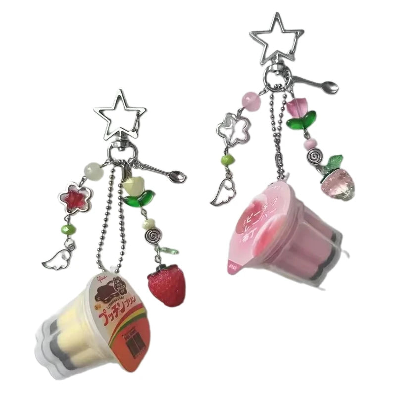 Love Heart Japanese Pudding Keychain | Y2K Retro Aesthetic Egg Flan Charm Beaded Accessory