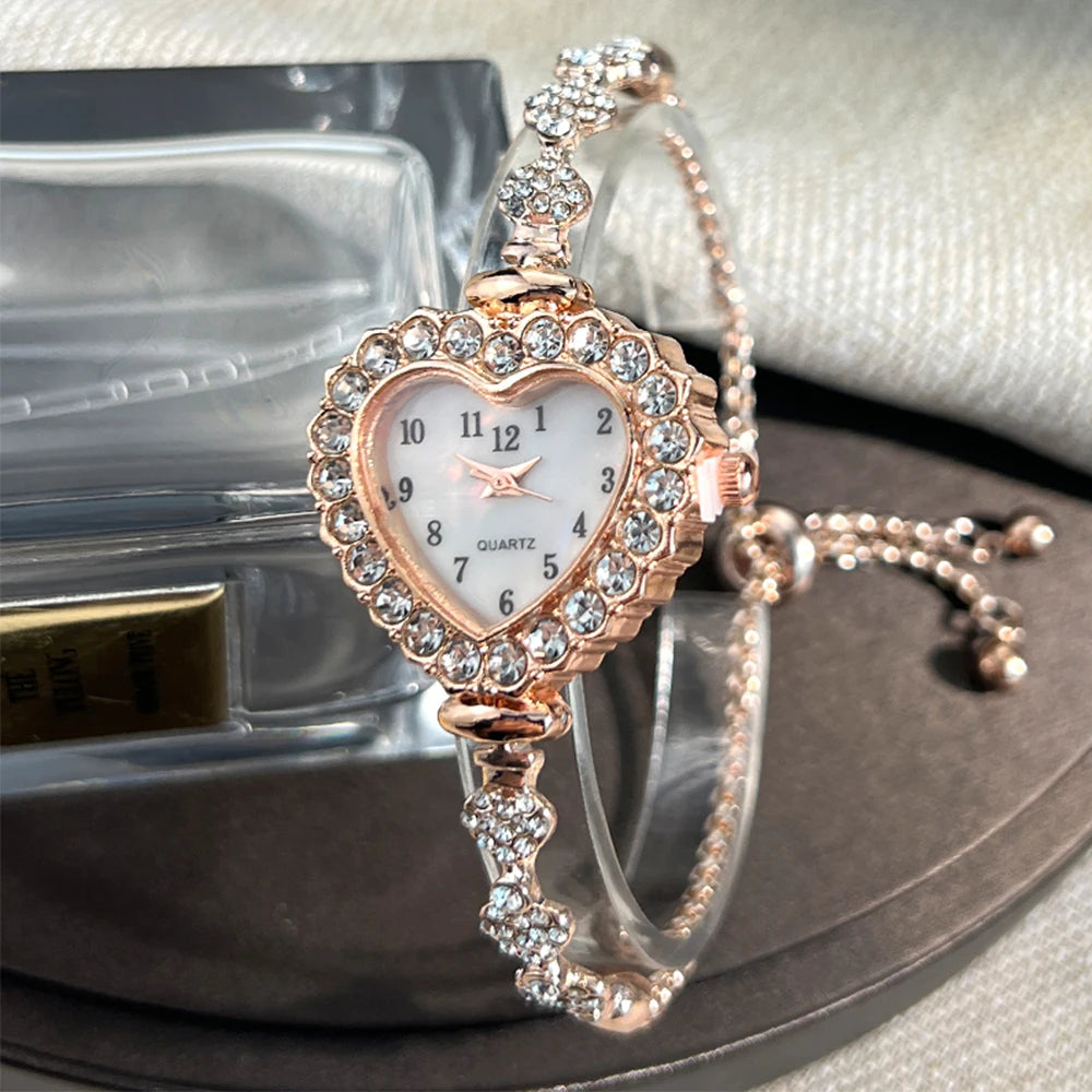 Women's Heart-Shaped Ribbon Strap Diamond Watch | Adjustable Bracelet Fashion Wristwatch