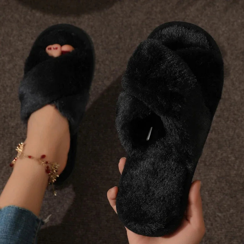 Cross Strap Fluffy Fur Slides for Women