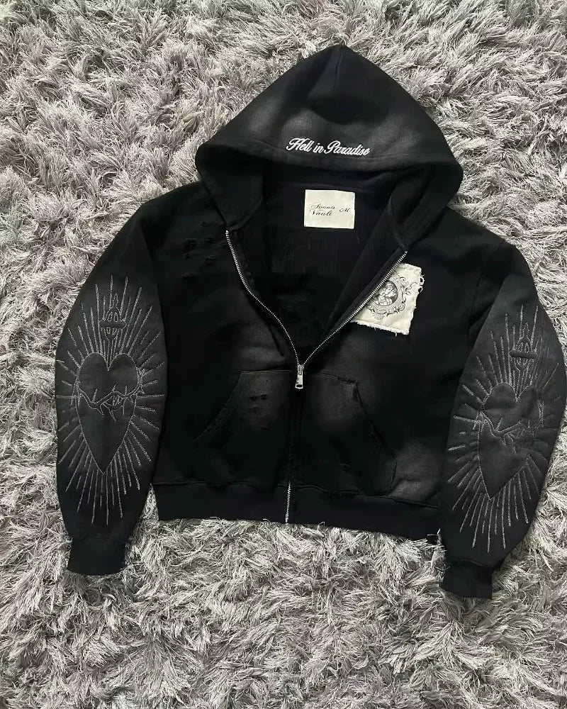 Y2K Punk Rock Zip-Up Hoodie – Harajuku Grunge Loose Fleece Sweatshirt