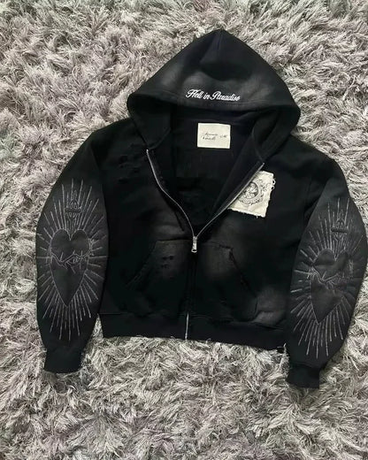 Y2K Punk Rock Zip-Up Hoodie – Harajuku Grunge Loose Fleece Sweatshirt