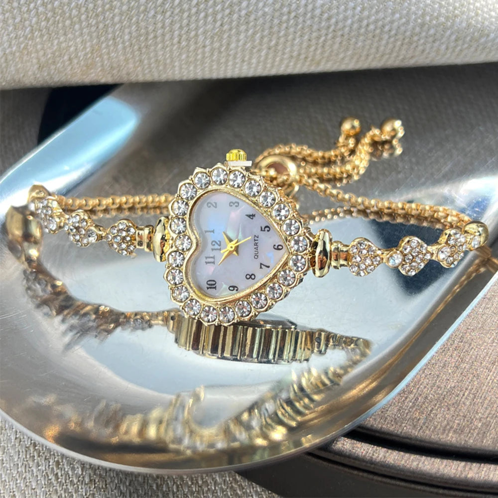 Women's Heart-Shaped Ribbon Strap Diamond Watch | Adjustable Bracelet Fashion Wristwatch