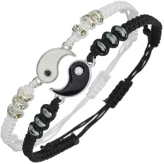 Couple Tai Chi Bracelet Set | 2pcs Black & White Adjustable Chain Bracelet for Daily Wear