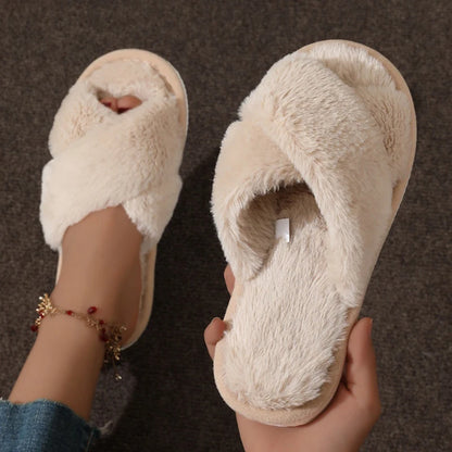 Cross Strap Fluffy Fur Slides for Women