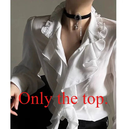 Women's Harajuku Vintage Black Bottoming Shirt | Stand Collar Ruffles Slim Japanese Victorian Long Sleeve Blouse