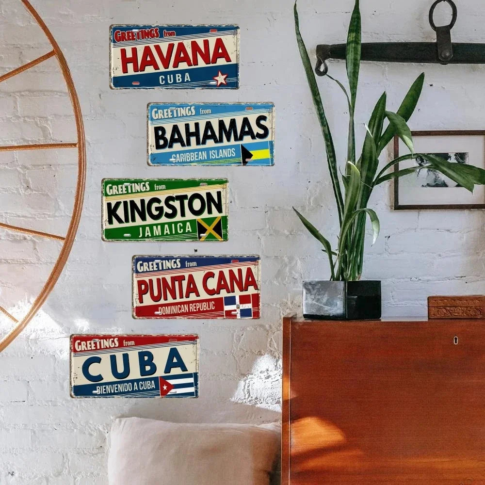 Caribbean Destination Metal Sign – Vintage Aluminum Wall Decor (30x15cm)