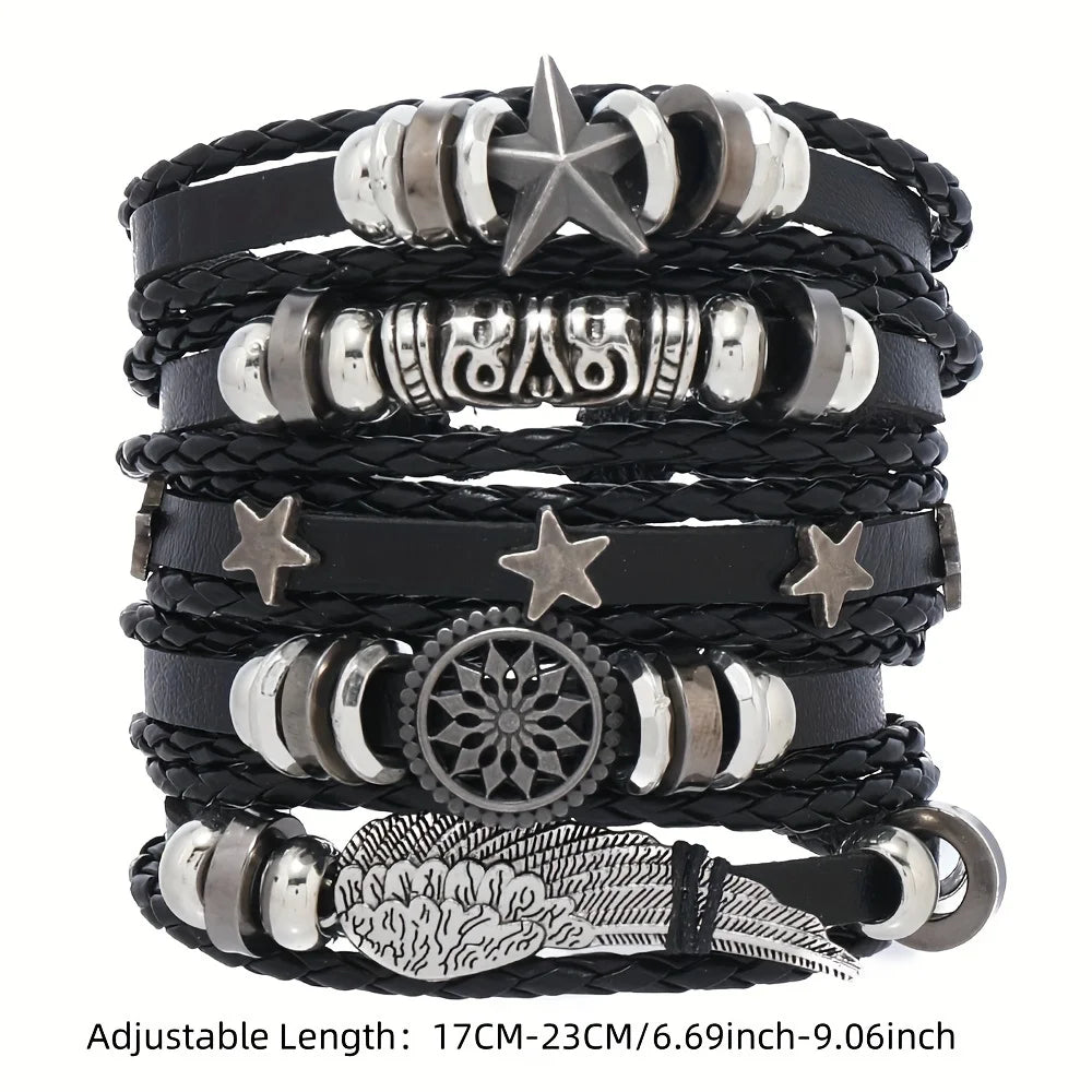Men's Viking Leather Bracelet Woven Skull Adjustable Cuff