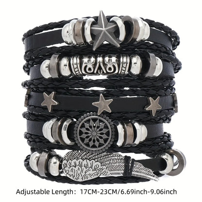 Men's Viking Leather Bracelet Woven Skull Adjustable Cuff