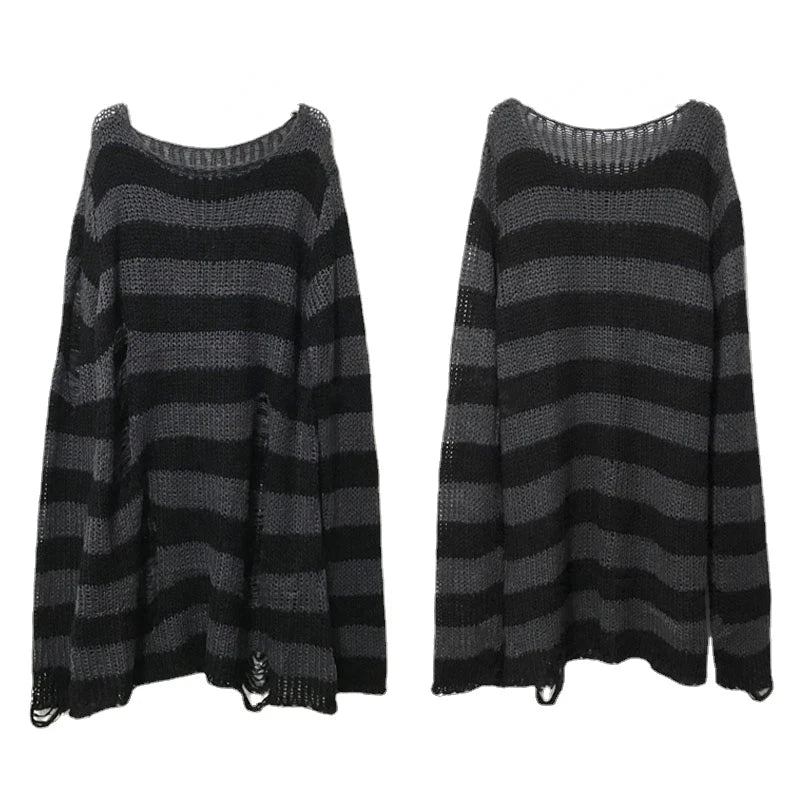 Women's Punk Gothic Hollow Out Sweater | Unisex Striped Loose Rock Dark Streetwear Top