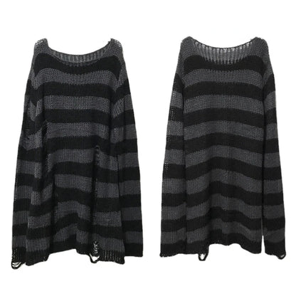 Women's Punk Gothic Hollow Out Sweater | Unisex Striped Loose Rock Dark Streetwear Top