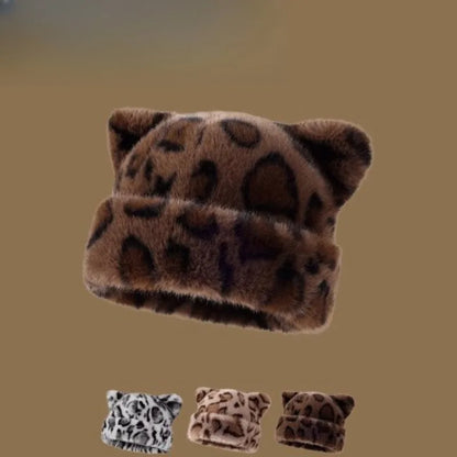 Women's Plush Teddy Bear Beanie – Cute Animal Print Knit Hat | Warm & Cozy
