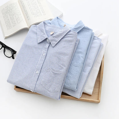 Women's Casual Cotton Oxford Shirt | Autumn Striped Blue & White Blouse & Top