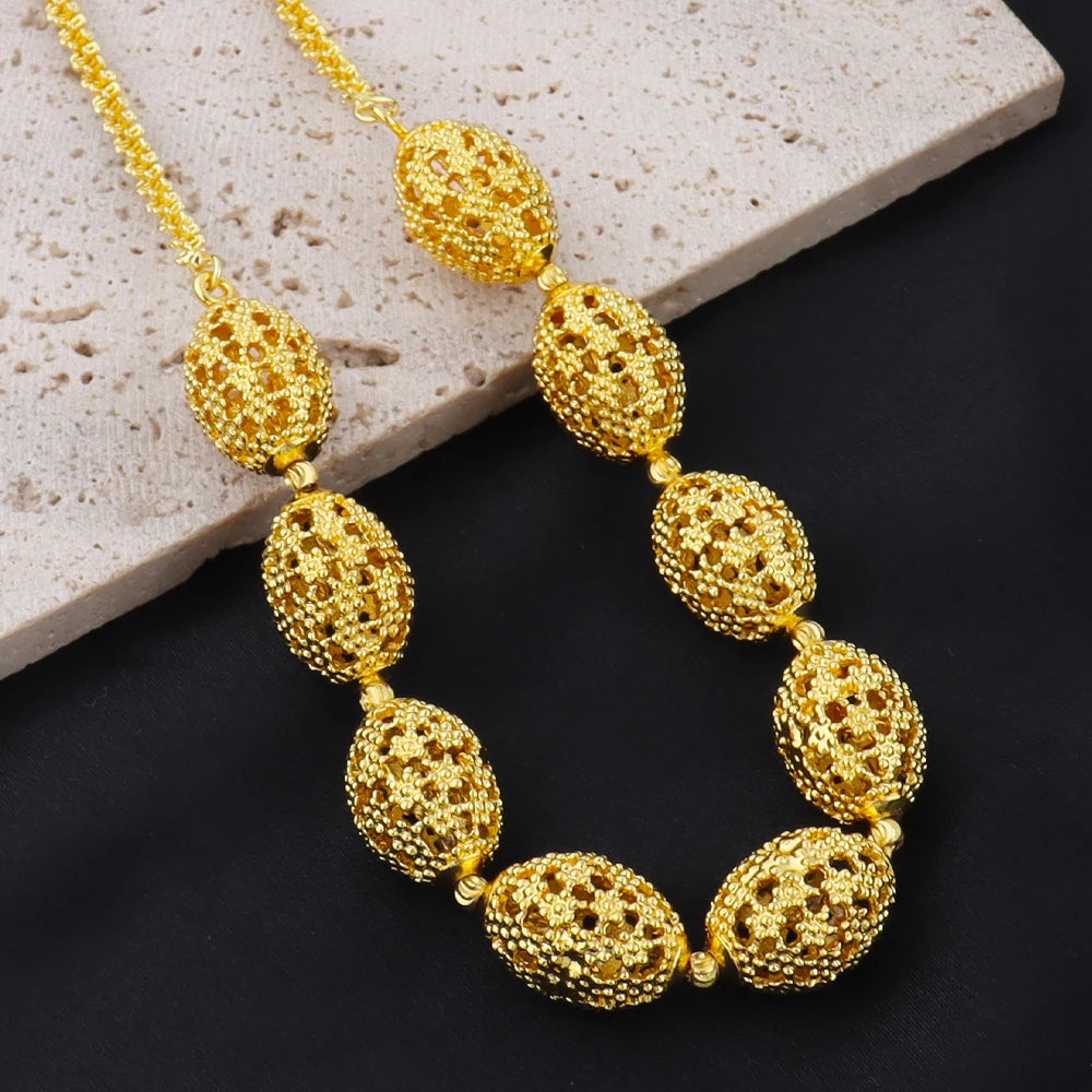 Women's Indian African Ethiopian Jewelry Set | Gold Color Hollow Oval Necklace, Earrings & Ring
