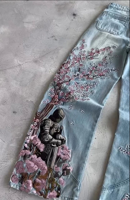 Cherry Blossom Embroidery Baggy Jeans for Men