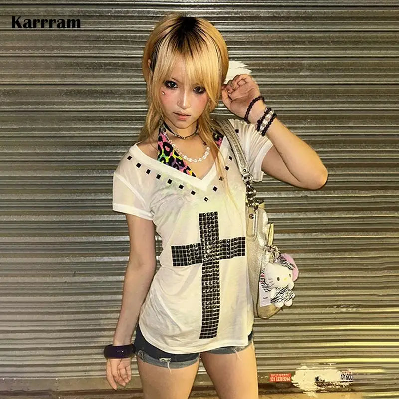 Women's Japanese Y2K Metal Cross Print T-Shirt | Harajuku Sheer Short Sleeve Streetwear Grunge Top