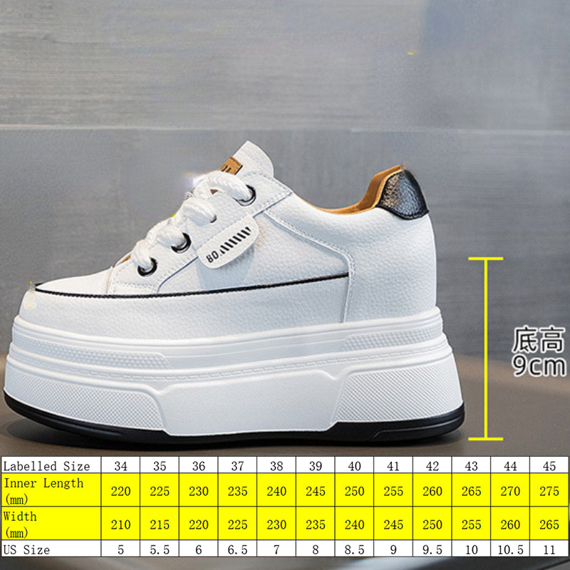 Fujin Women's Platform Sneakers – 9cm Genuine Leather High Heel Casual Shoes