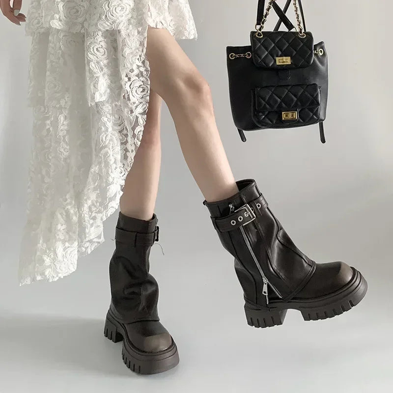 LEDP Women's Platform Biker Boots – Belt Buckle Mid-Calf Zip-Up Winter Boots