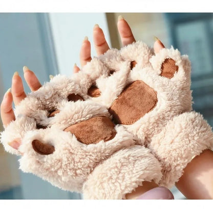Cat Paw Plush Mittens – Cute Fingerless Fluffy Gloves for Women
