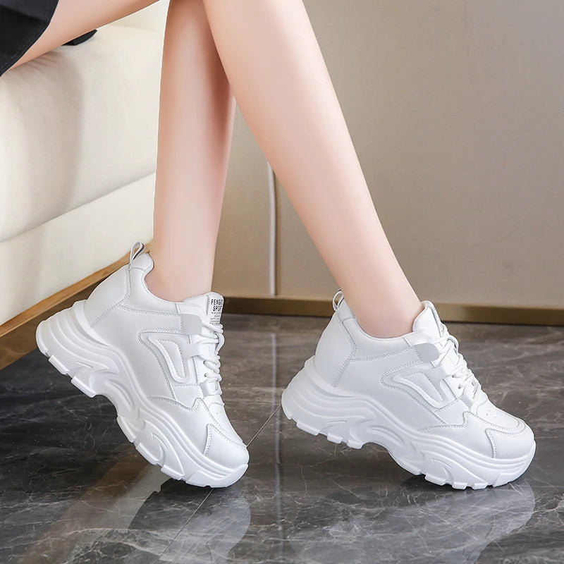 Rimocy Women's White Platform Sneakers – 7cm Chunky Sole PU Leather Lace-Up Shoes