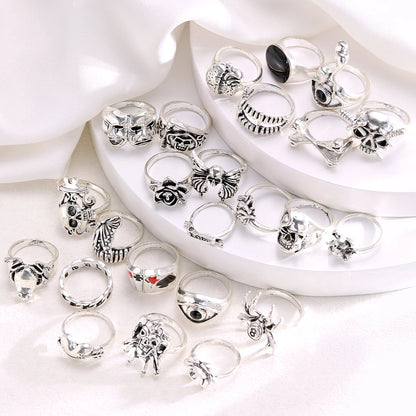 24 Piece Gothic Punk Ring Set for Men Skeleton Butterfly and Frog Jewelry