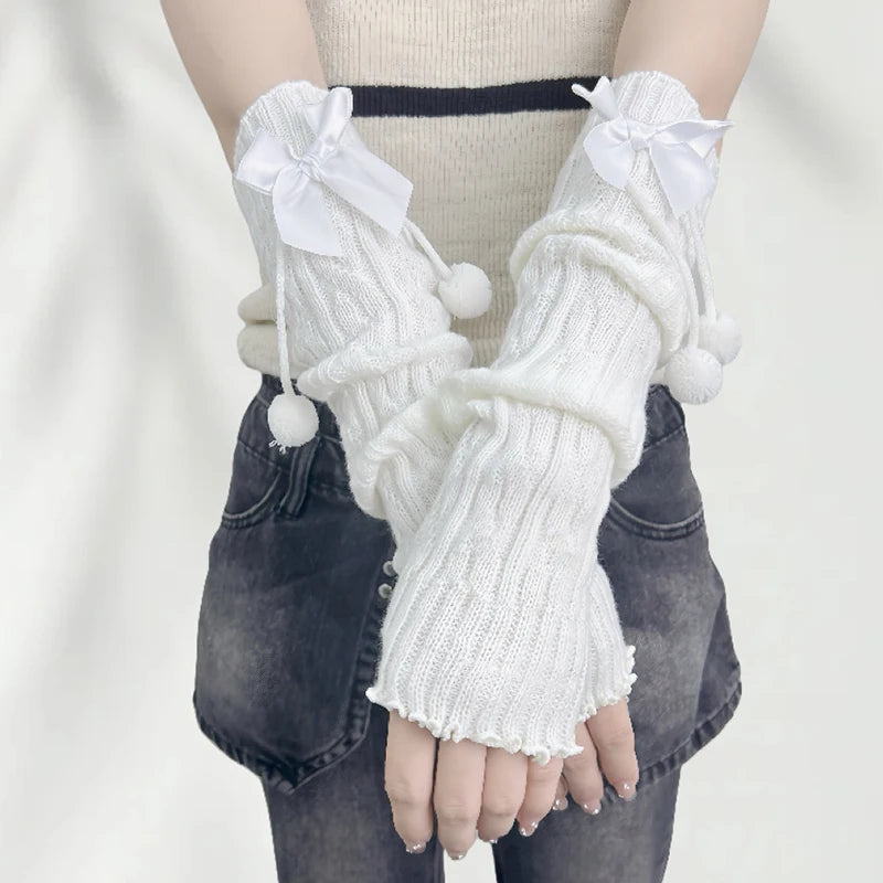 Girls' Red Knitted Arm Sleeves | Warm Sweet Fingerless Gloves for Christmas & New Year Gift
