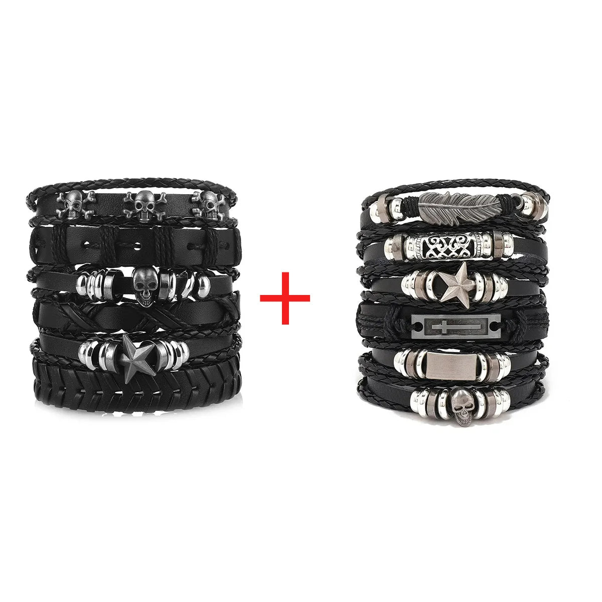 Men's Viking Leather Bracelet Woven Skull Adjustable Cuff