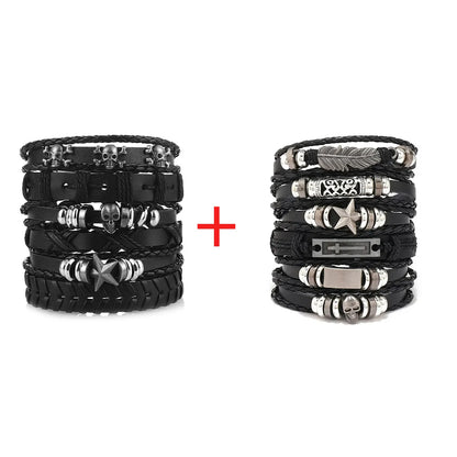 Men's Viking Leather Bracelet Woven Skull Adjustable Cuff