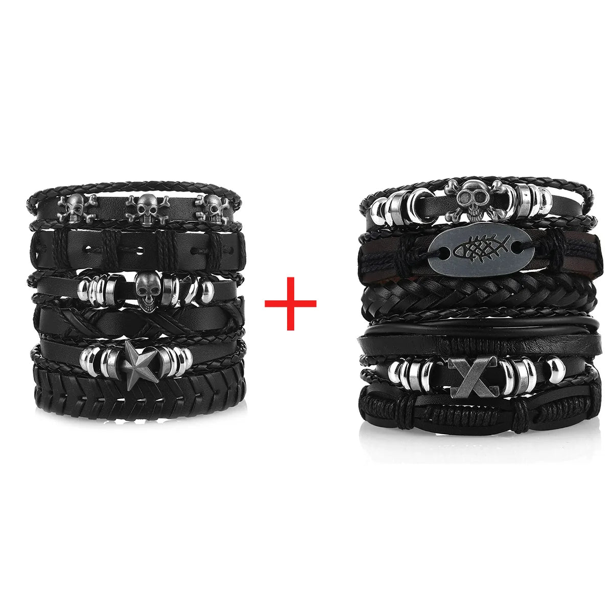 Men's Viking Leather Bracelet Woven Skull Adjustable Cuff