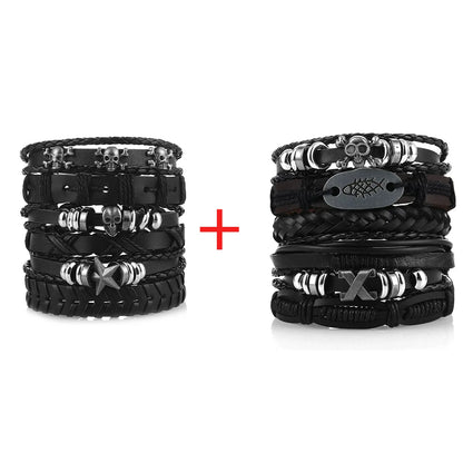 Men's Viking Leather Bracelet Woven Skull Adjustable Cuff