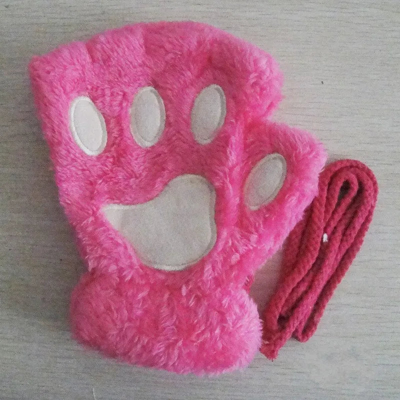Cat Paw Plush Mittens – Cute Fingerless Fluffy Gloves for Women