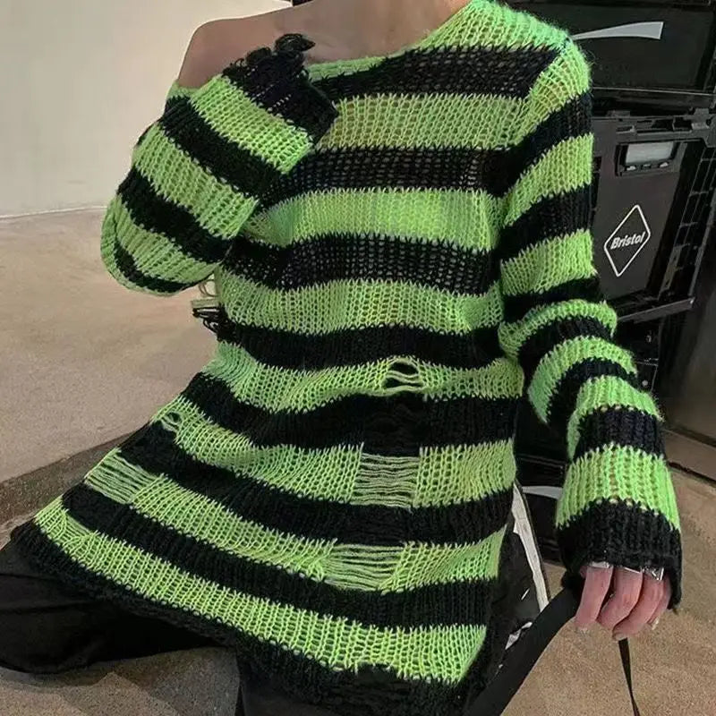 Women's Punk Gothic Hollow Out Sweater | Unisex Striped Loose Rock Dark Streetwear Top
