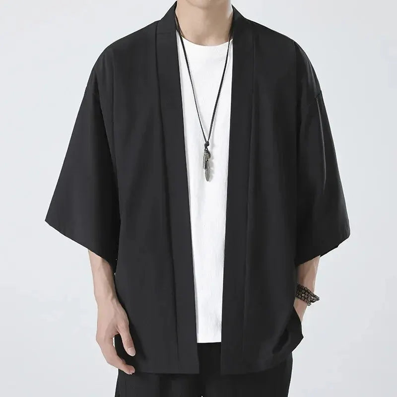 Men's Japanese Kimono Cardigan Shirt – Open Stitch Yukata, 3/4 Sleeve | XS–XXXL